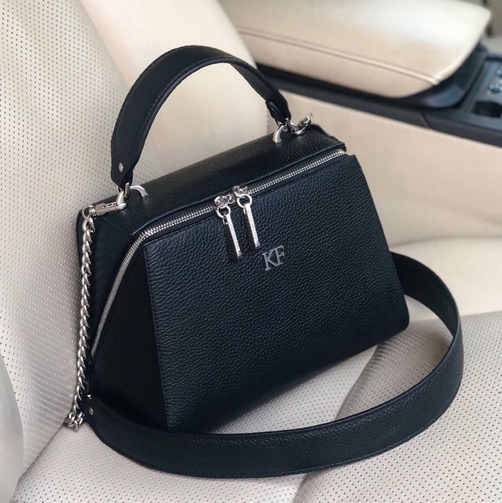 Leather Top Handle Bag, Black Leather Handbag Top Handle, Women's Leather Bag KF-3028 - Image 7