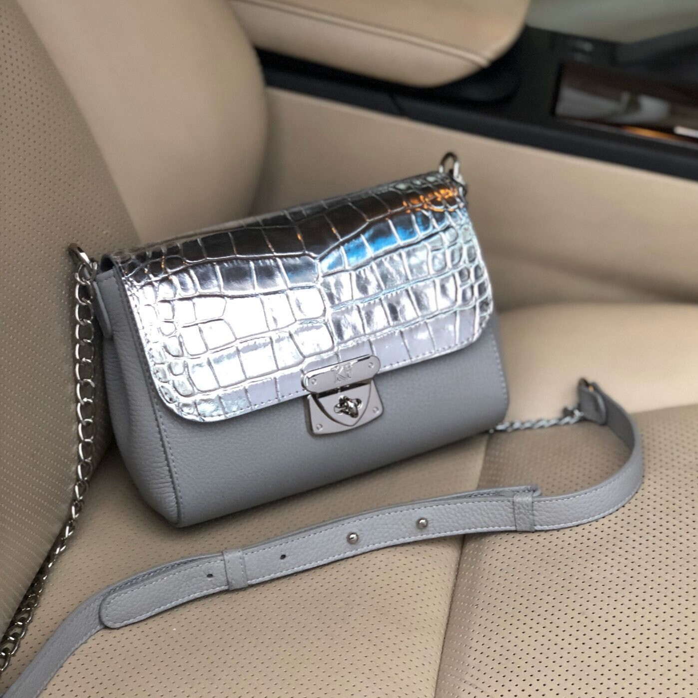 Leather Cross body Bag, Grey Leather Shoulder Bag, Women's Leather Crossbody Bag, Leather bag KF-3348 - Image 6
