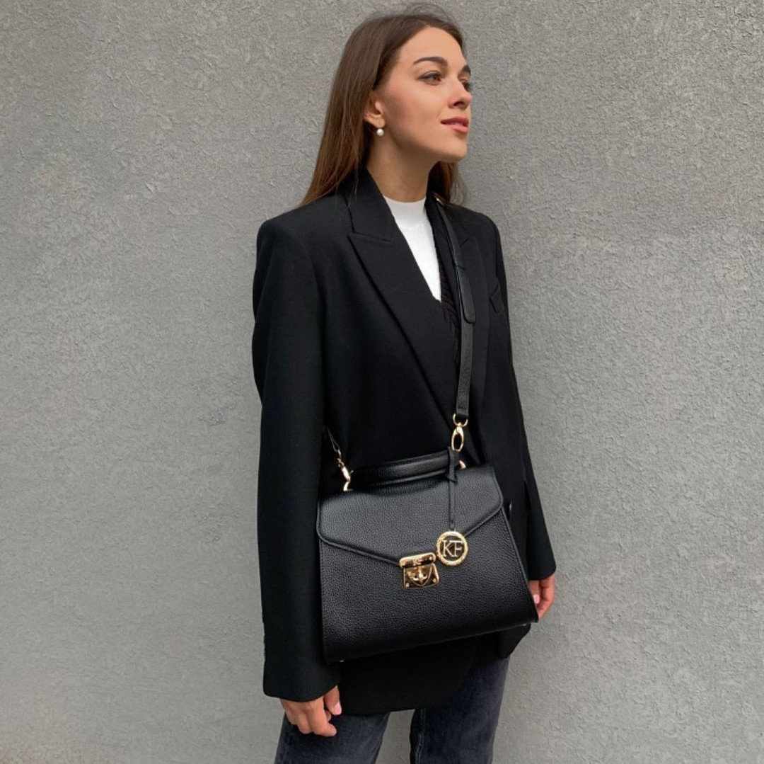 Leather Top Handle Bag, Black Leather Handbag Top Handle, Women's Leather Bag KF-2991 - Image 8