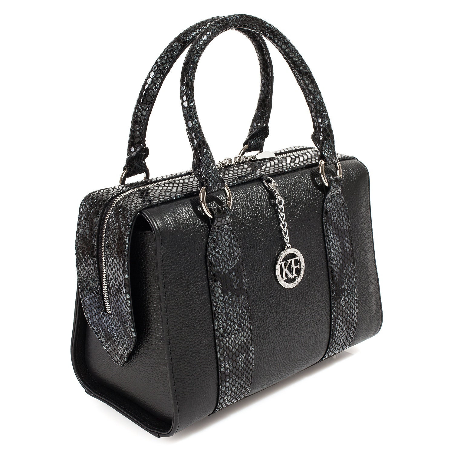 Leather Top Handle Bag, Black Leather Handbag Top Handle, Women's Leather Bag KF-3940 - Image 3