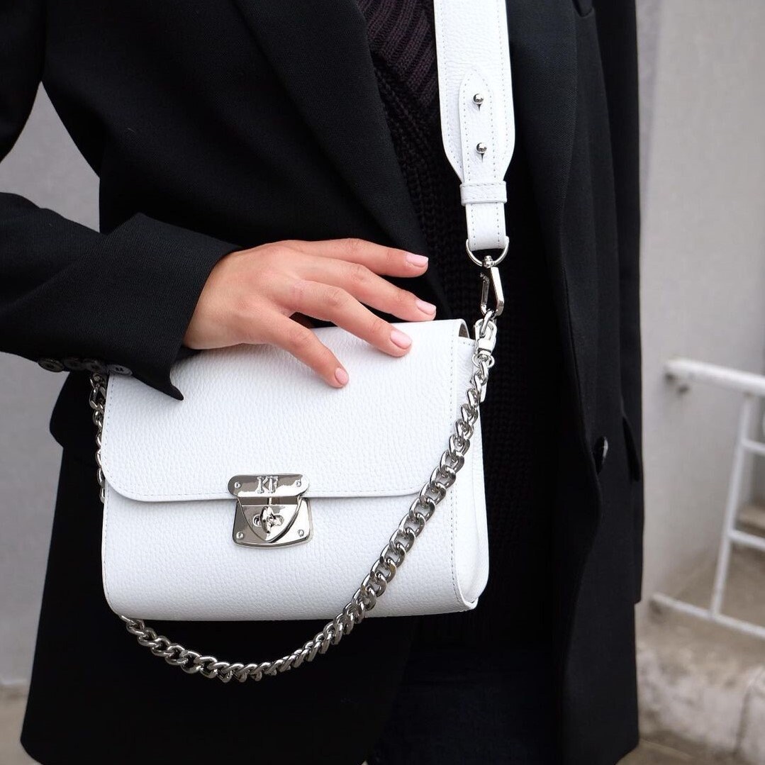 Leather Crossbody Bag, White Leather Shoulder Bag, Women's Leather Cross body Bag, Leather bag KF-3911 - Image 6