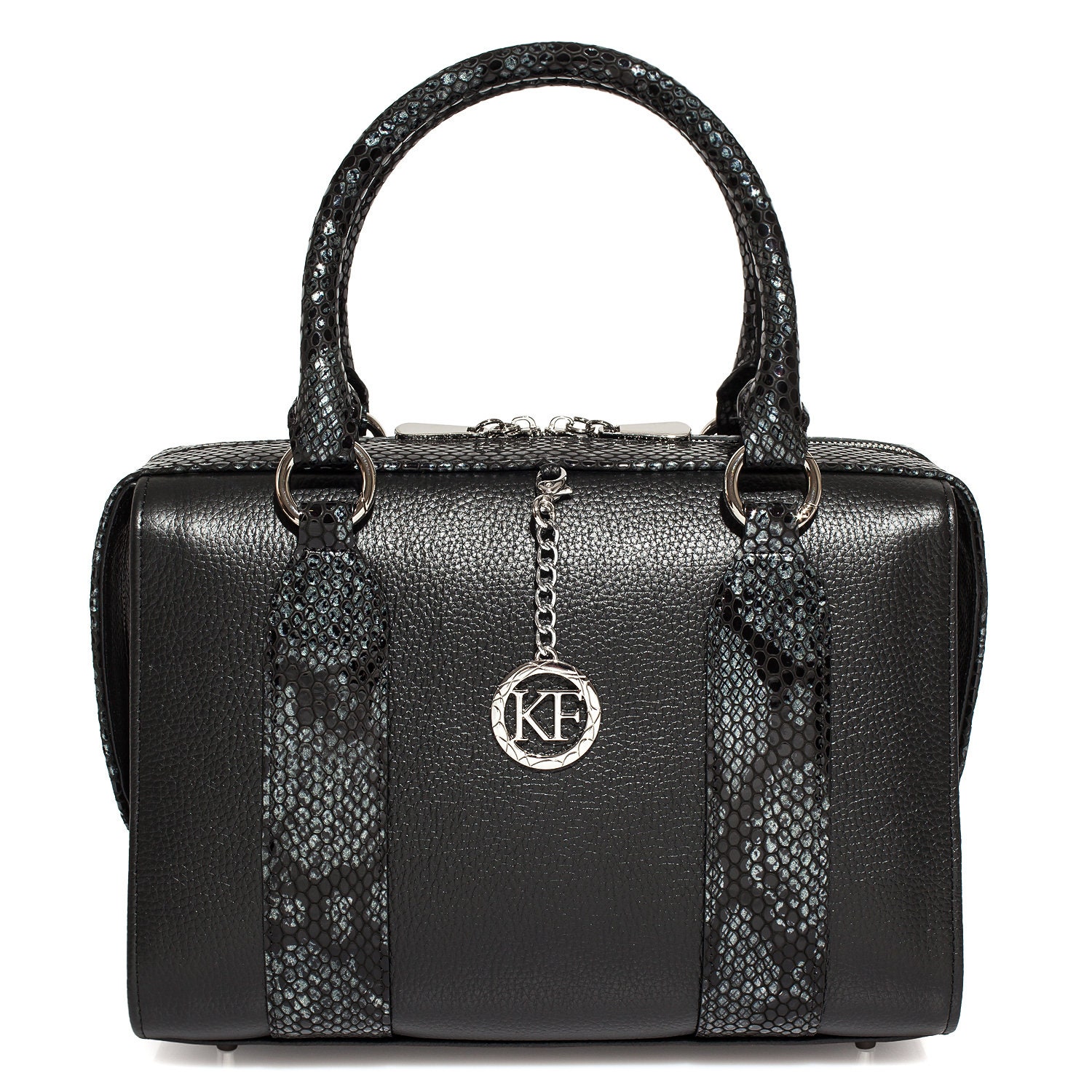 Leather Top Handle Bag, Black Leather Handbag Top Handle, Women's Leather Bag KF-3940 - Image 2