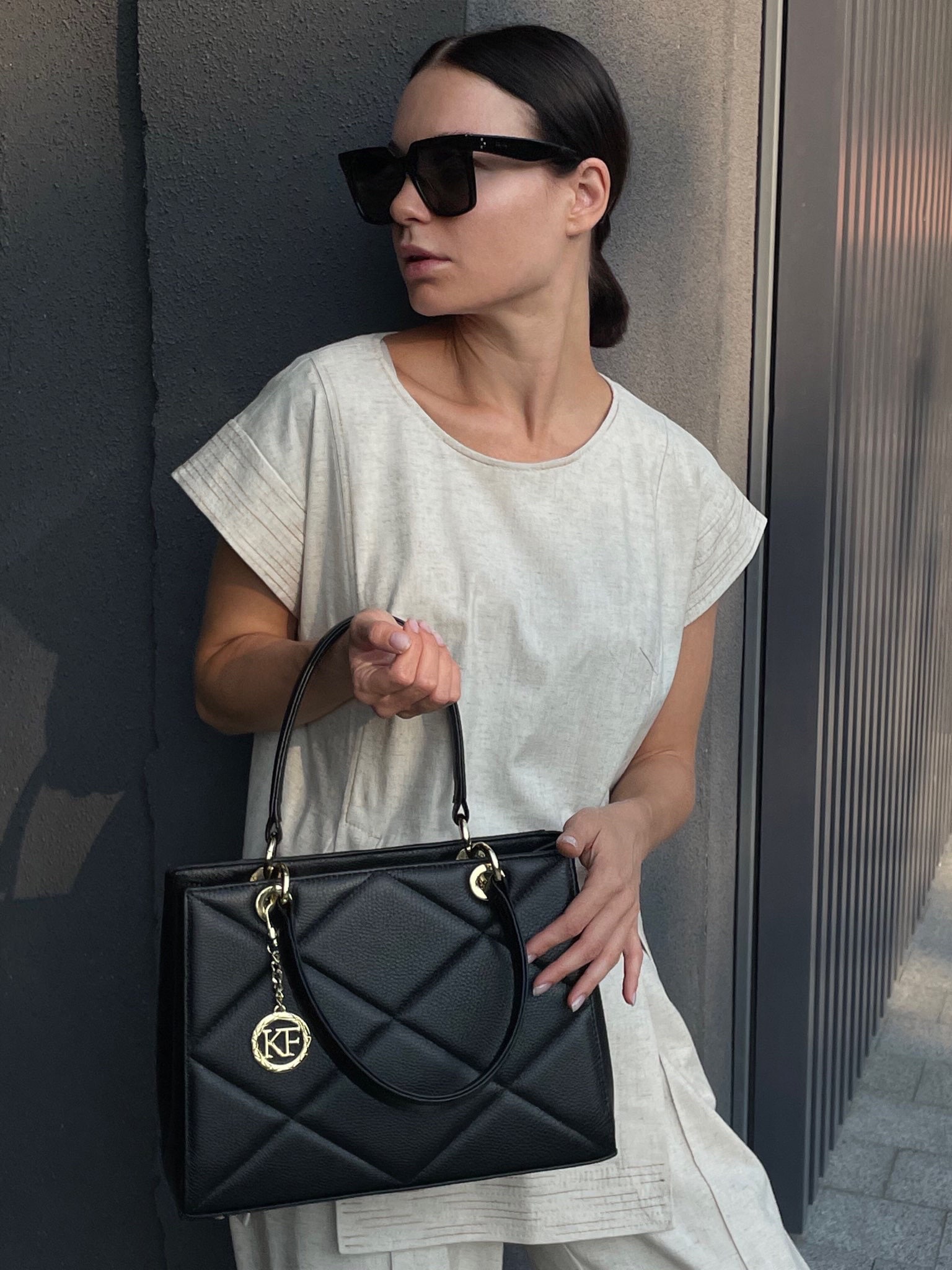 Leather Top Handle Bag, Black Leather Handbag Top Handle, Women's Leather Bag KF-4482 - Image 7