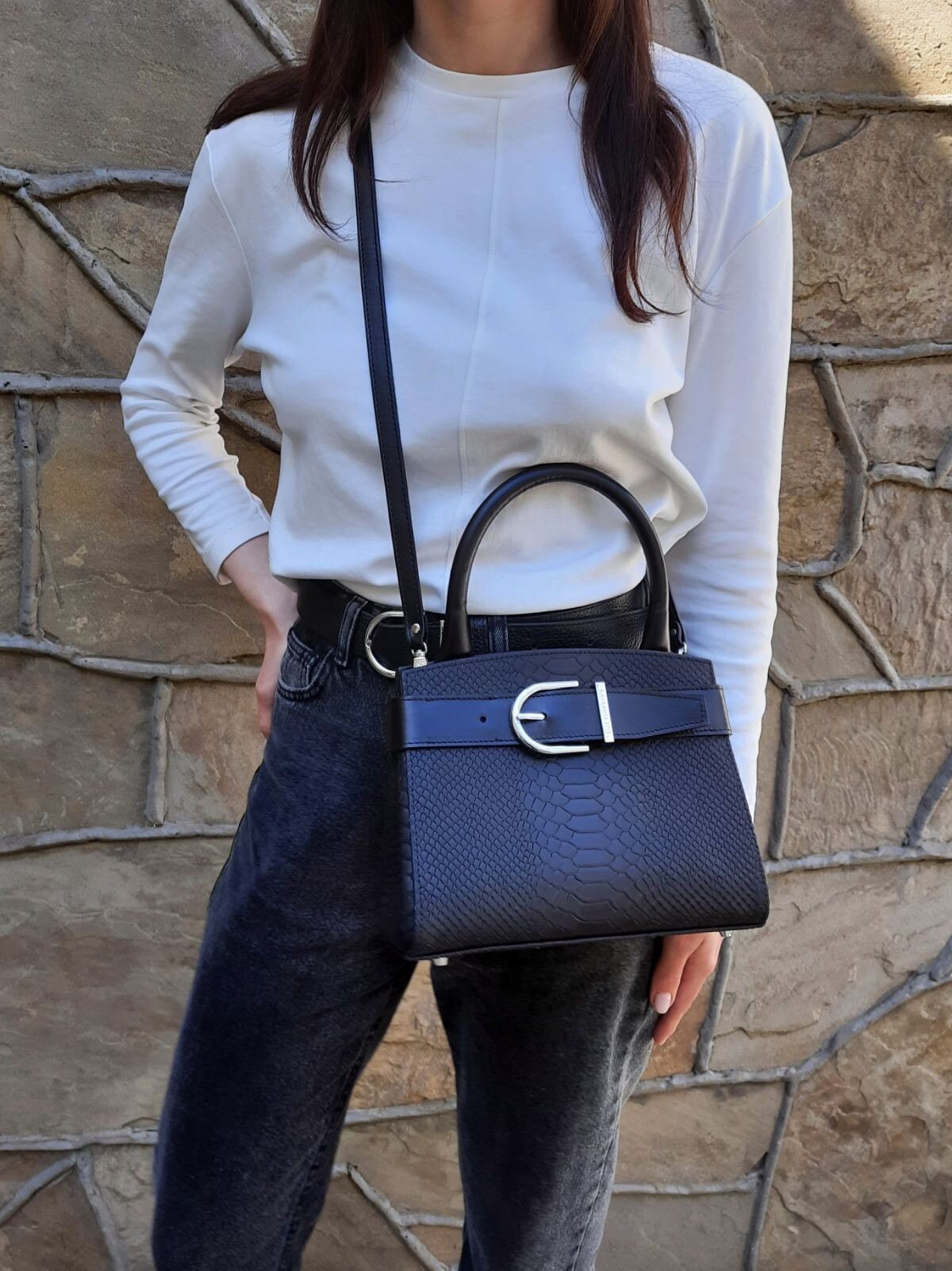 Leather Top Handle Bag, Black Leather Handbag Top Handle, Women's Leather Bag KF-4987 - Image 7