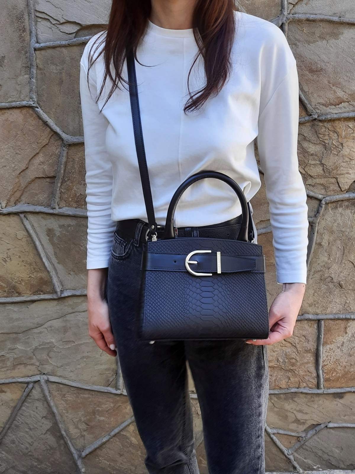 Leather Top Handle Bag, Black Leather Handbag Top Handle, Women's Leather Bag KF-4987 - Image 8
