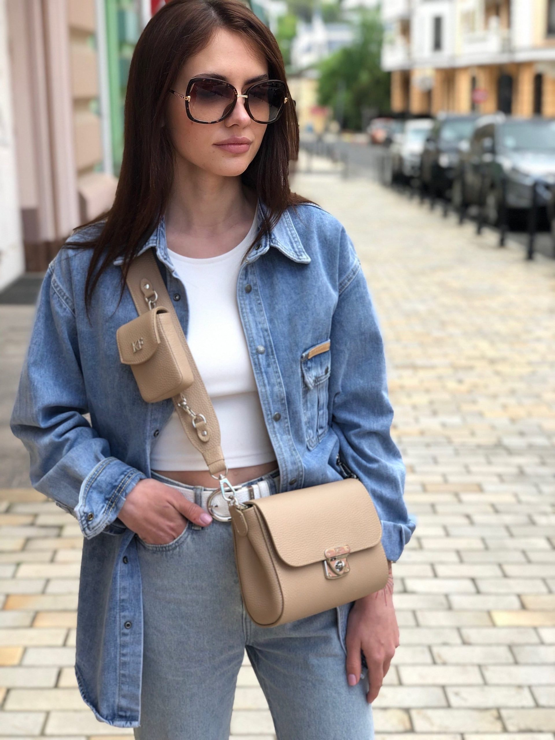 Leather Crossbody Bag, Beige Leather Shoulder Bag, Women's Leather Cross body Bag, Leather bag KF-4231