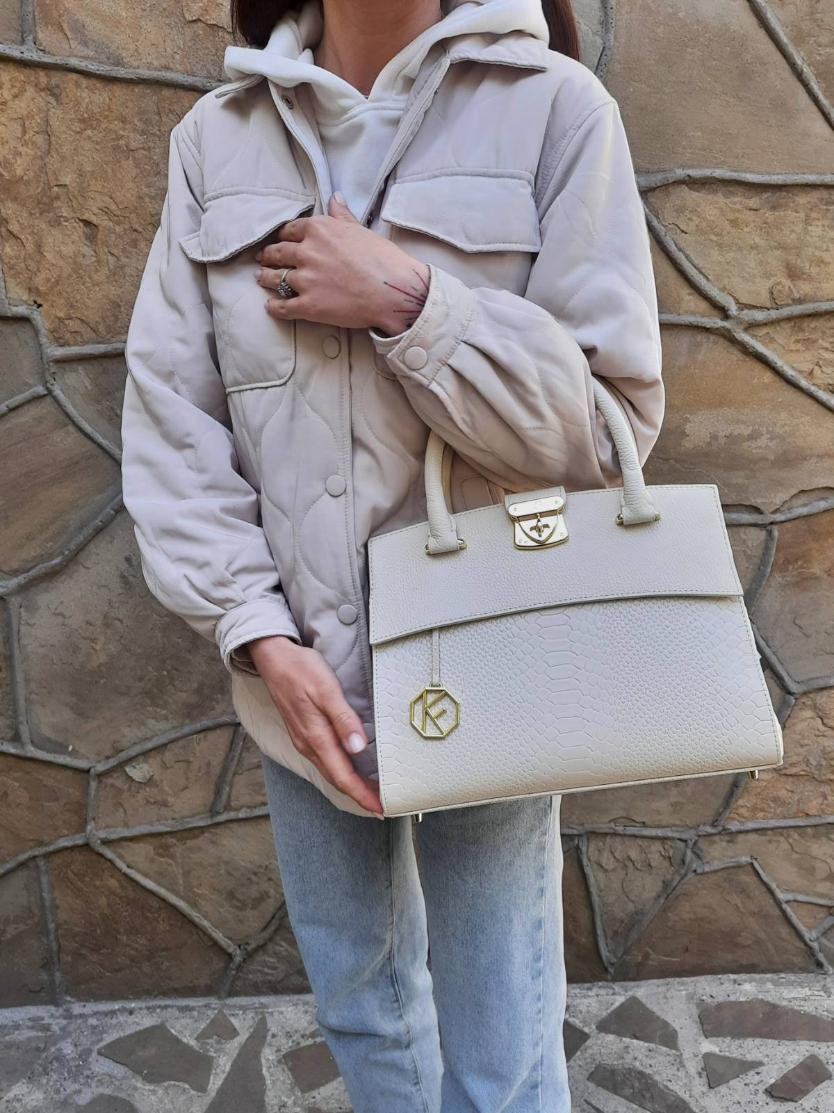 Leather Top Handle Bag, Cream Leather Handbag Top Handle, Women's Leather Bag KF-5034 - Image 7