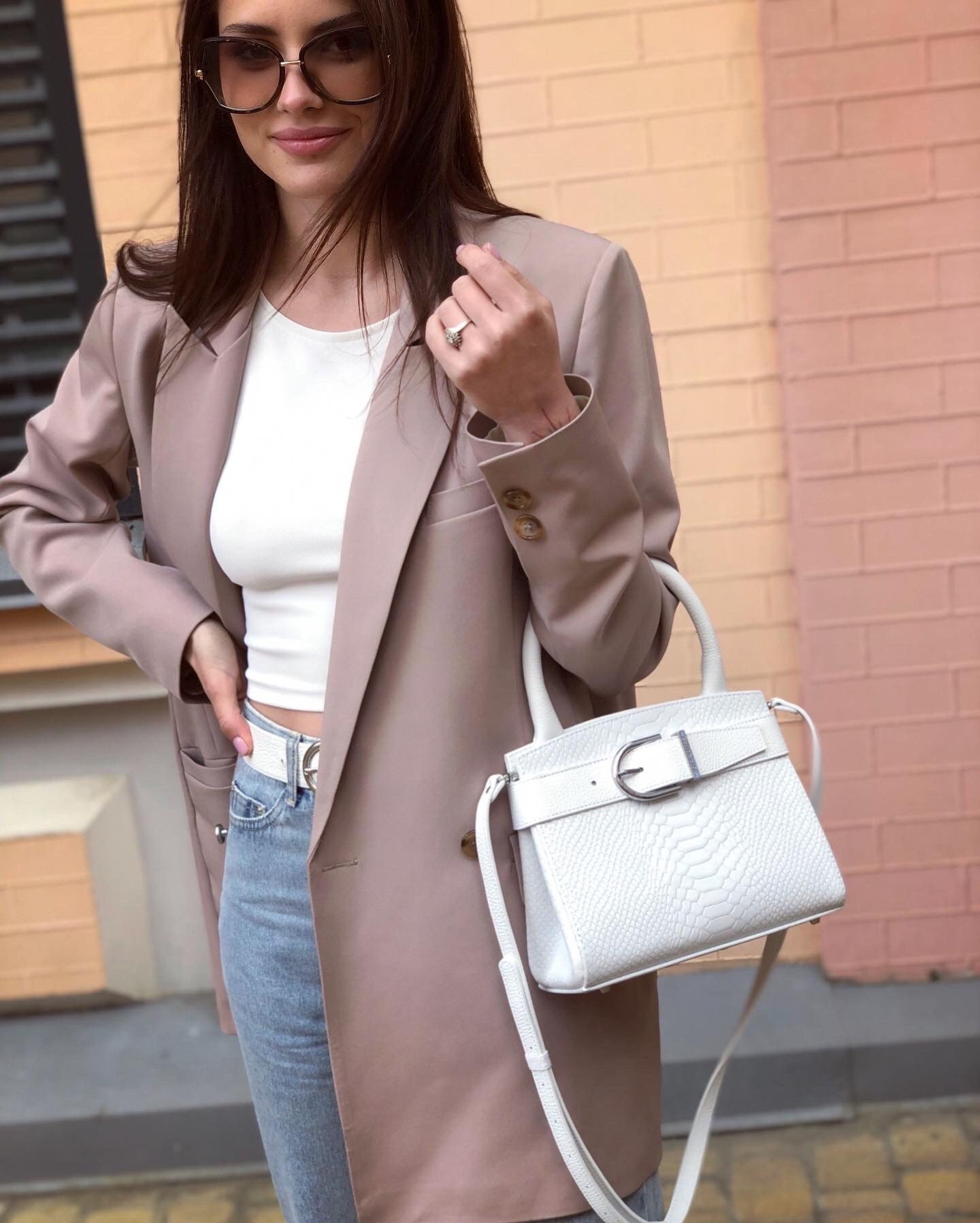 Leather Top Handle Bag, White Leather Handbag Top Handle, Women's Leather Bag KF-4986